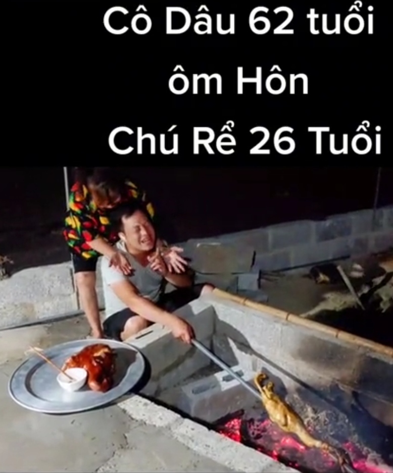  Chú rể Hoa Cương tỏ ra ngại ngùng khi vợ thể hiện tình cảm trước mặt mọi người.&nbsp;(Ảnh: Chụp màn hình TikTok H.H.H)