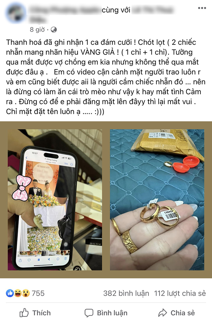  Chú rể bức xúc vì nhận được cặp nhẫn cưới là vàng giả. (Ảnh: FB C.P.A)