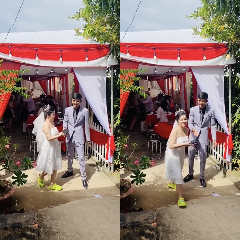  Chú rể cuối cùng cũng phải rút ví ra đưa vợ.&nbsp;(Ảnh: Chụp màn hình TikTok HTV)