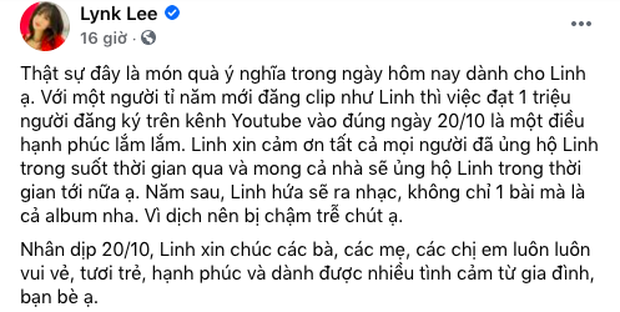 Lynk Lee khoe nhận được quà 20/10 là kênh YouTube đạt 1 triệu lượt đăng ký