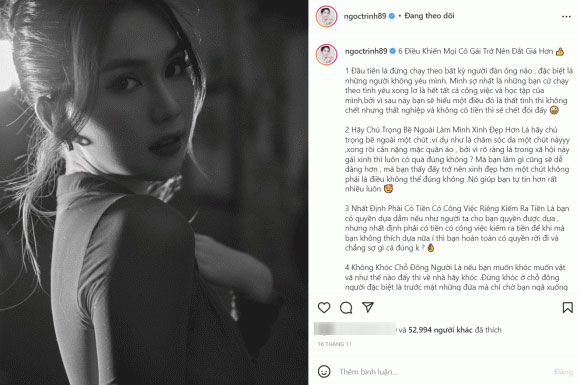 Trang Instagram của Ngọc Trinh đã lấy nội dung từ L E N G K E N G mà không hề ghi nguồn