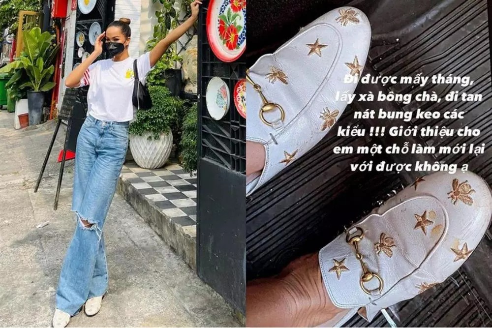 Tiếp theo là mẫu giàu loafer cũng đến từ nhà mốt Gucci. Cô không biết cách vệ sinh giày đã lấy xà bông để tẩy rửa khiến phần da bị nham nhở, bung keo
