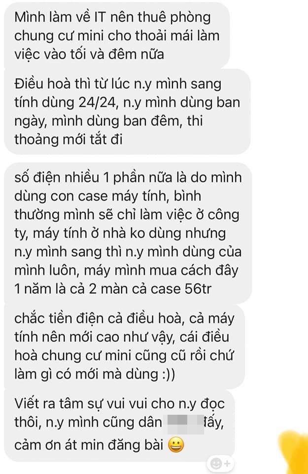  Anh giải thích một phần tiền điện còn đến từ máy tính bản thân dùng. (Ảnh: Fanpage N.)