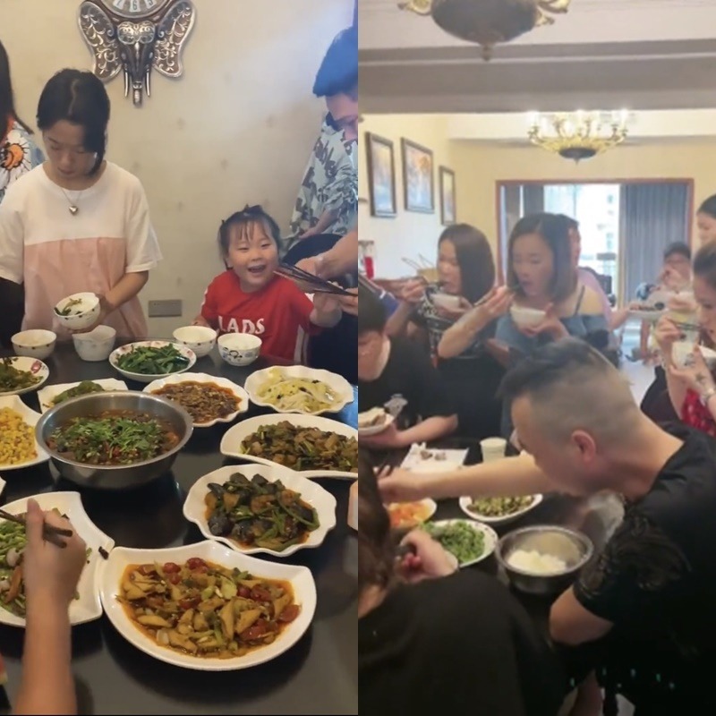  Bữa ăn nào của gia đình&nbsp;cũng rất đông người. (Ảnh: Chụp màn hình Pear Video)