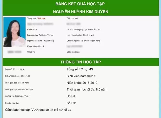 Bảng thông tin của Kim Duyên tại trường Đại học Nam Cần Thơ.