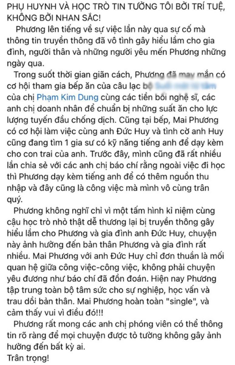 Mai Phương phủ nhận tin đồn với đại gia Đức Huy. Ảnh: FB Mai Phương