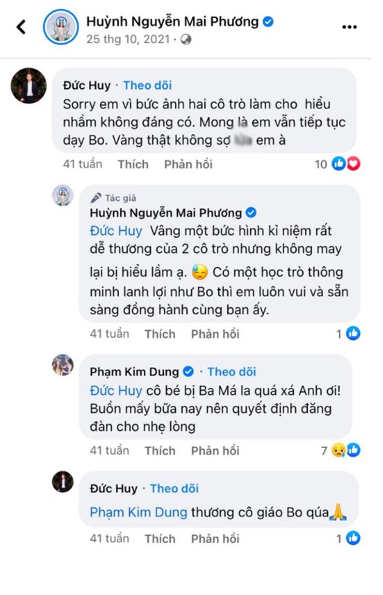 Đức Huy comment an ủi và gửi lời xin lỗi đến Mai Phương. Ảnh: FB Mai Phương