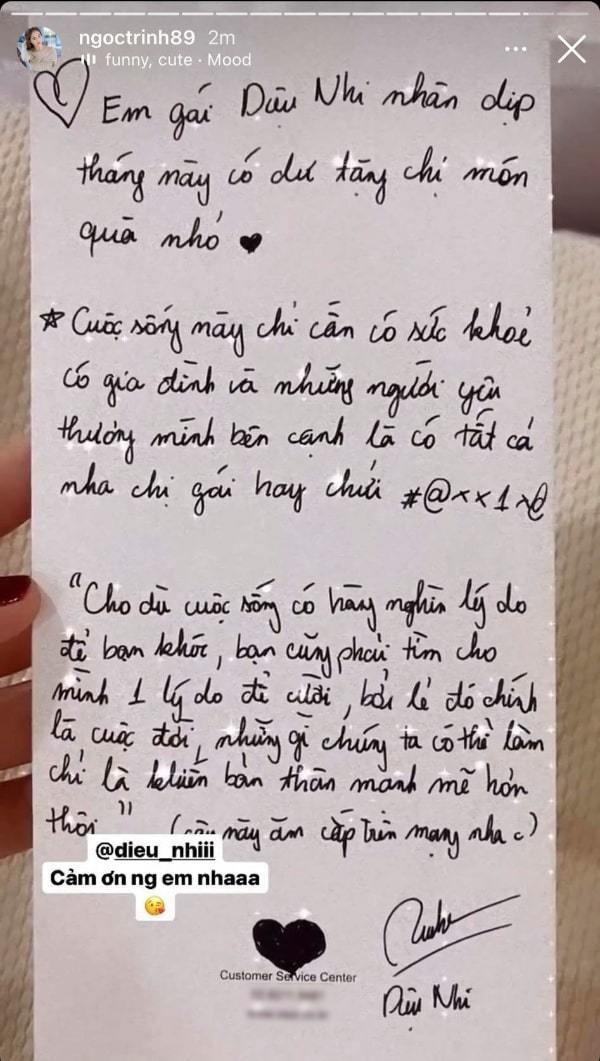 Những lời nhắn gửi "ngọt ngào" của Diệu Nhi dành cho Ngọc Trinh. (Ảnh chụp màn hình Instagram Ngọc Trinh)