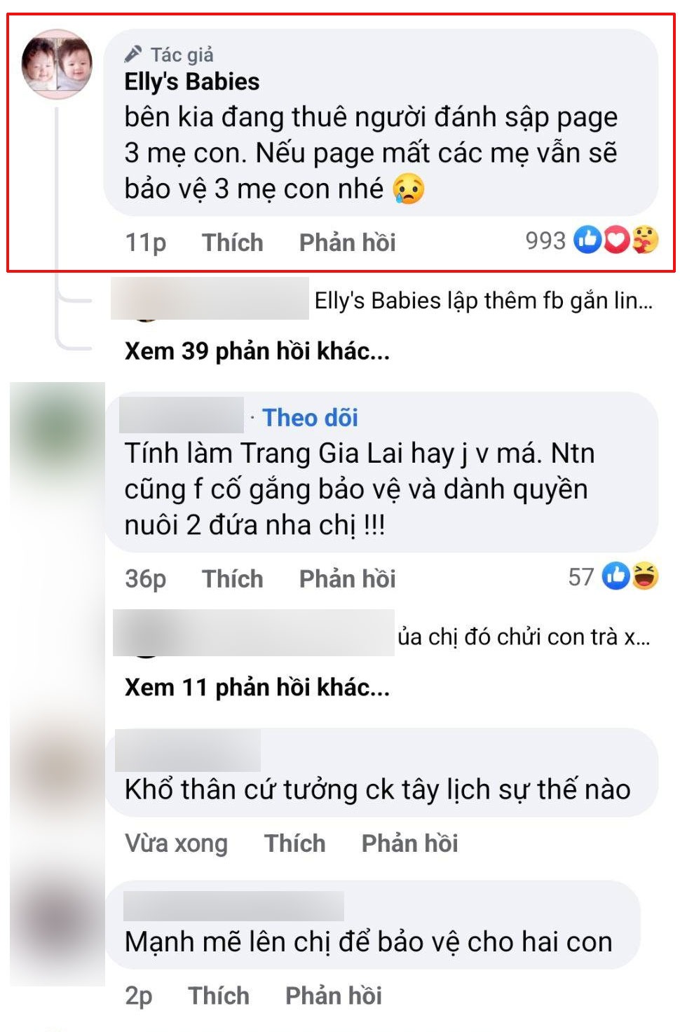 Người đẹp kêu gọi sự trợ giúp từ cộng đồng mạng, đồng thời nhắn nhủ mọi người hãy bảo vệ 3 mẹ con cô nếu Facebook của cô bị đánh sập