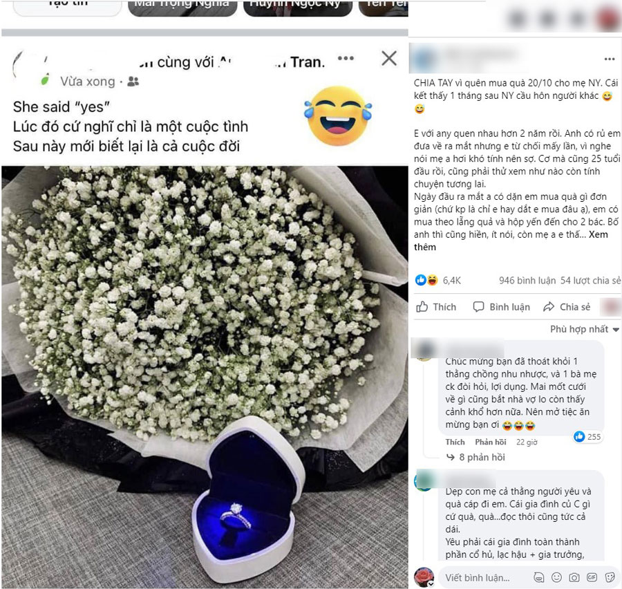 chia tay vì mẹ, chia tay bạn trai, bạn trai cầu hôn cô gái khác