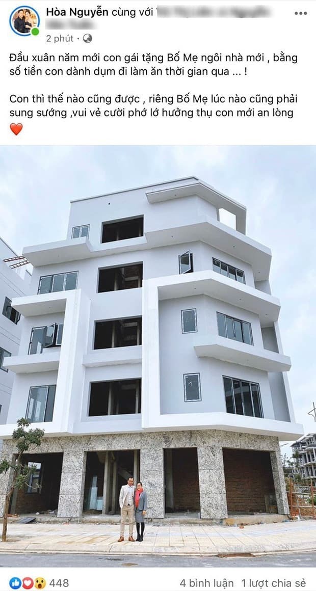 Vào năm 2020, nữ ca sĩ gây choáng khi hé lộ về việc xây cho bố mẹ một căn nhà 5 tầng khang trang, hai mặt tiền nằm trên một con phố khá sầm uất tại Bắc Ninh