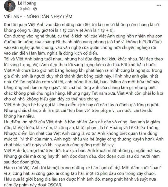 Đạo diễn Lê Hoàng viết về nghệ sĩ Việt Anh.