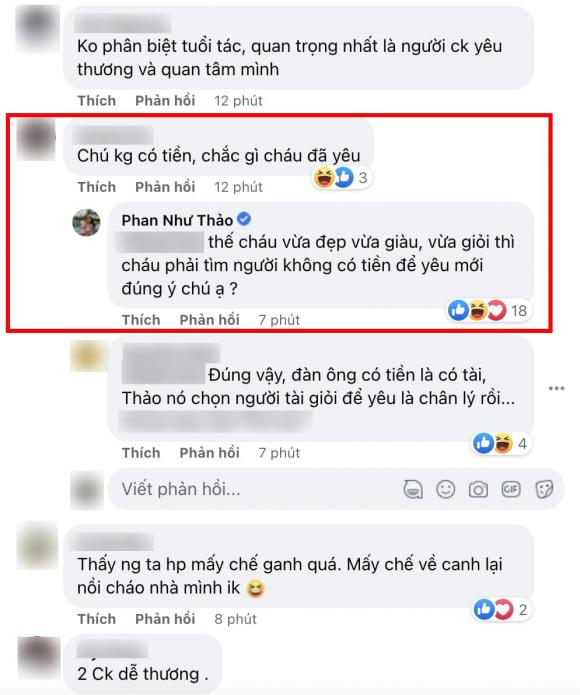 Khi bị một cư dân mạng mỉa mai chuyện yêu vì tiền, Phan Như Thảo đáp trả ngay và luôn