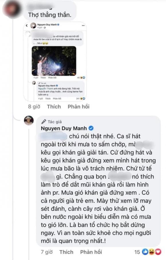 không tôn trọng khán giả khi để họ đứng xem mình hát dưới trời mưa.