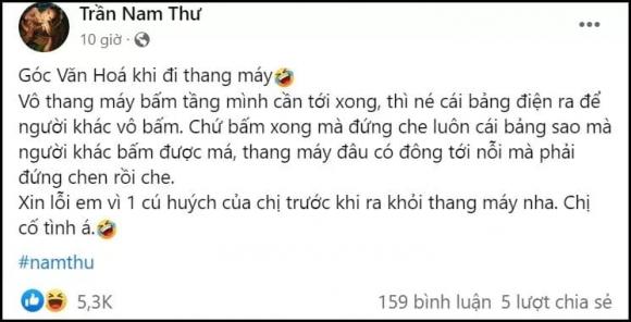 Nam Thư kể lại chuyện cố tình huých người lạ trong thang máy vì hành động kém duyên của đối phương.