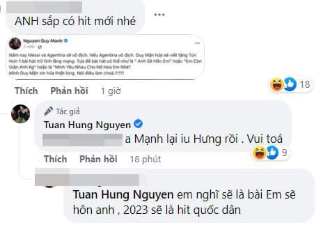 Khi một fan chụp bình luận của Duy Mạnh khi hứa sẽ viết ca khúc tặng, Tuấn Hưng vui vẻ đáp: "Anh Mạnh lại yêu Hưng rồi. Vui quá".