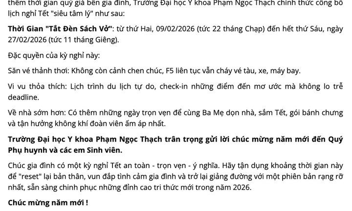 Một trường đại học ở TP.HCM thông báo lịch nghỉ Tết “tắt đèn sách vở” độc lạ