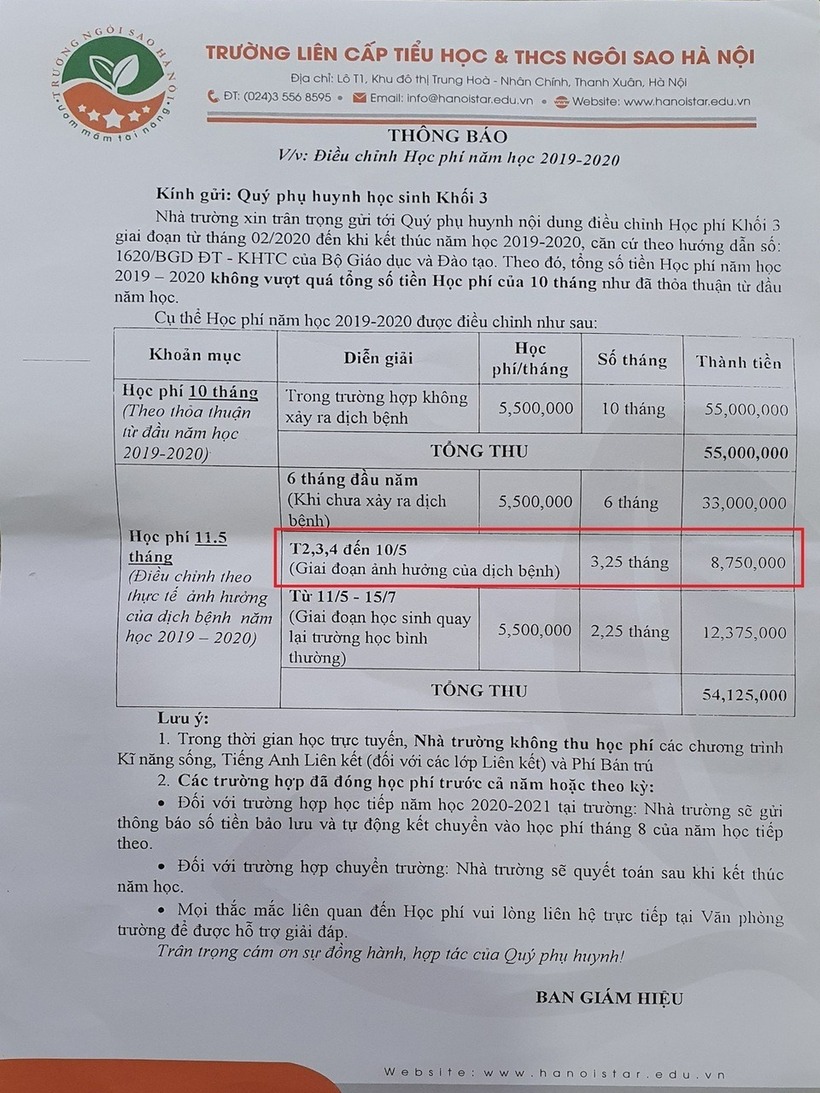 Thông báo về việc điều chỉnh học phí năm học 2019-2020. Ảnh: Dân trí