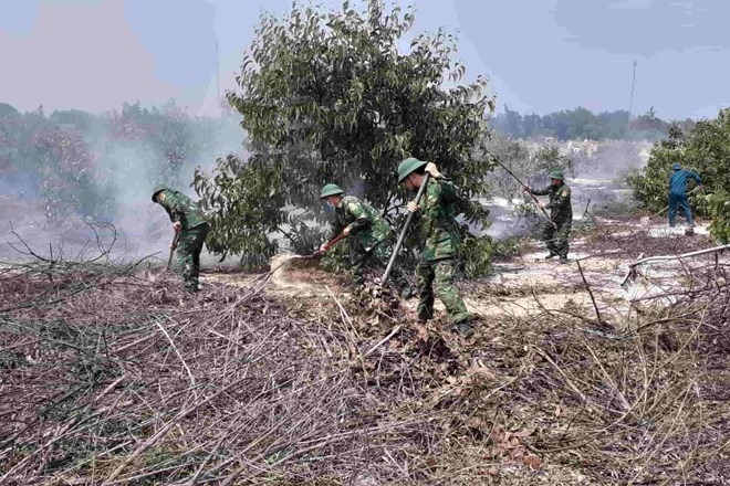 Lực lượng chức năng tham gia chữa cháy rừng. Ảnh: Lao Động