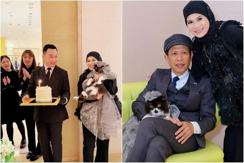 Cô Haliza Maysuri chồng Mohd Rosli Awang mừng sinh nhật 7 tuổi của chú mèo cưng Money. Ảnh: StraitsTimes/Instagram.