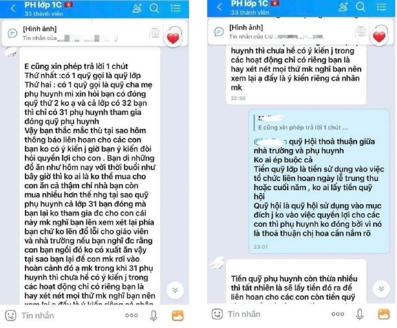Phần tranh luận về quỹ phụ huynh được người mẹ chia sẻ trên mạng xã hội. Ảnh: Dân trí