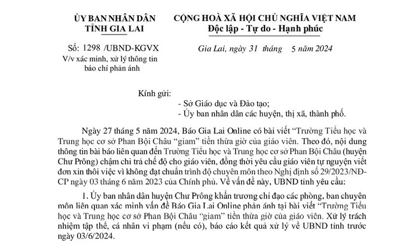 Công văn của UBND tỉnh Gia Lai gửi Sở GD&ĐT, UBND huyện Chư Prông. Ảnh: Báo Gia Lai Online