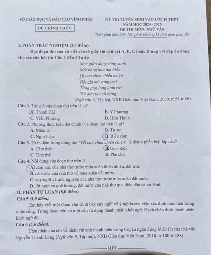 Đề thi môn Ngữ văn tỉnh Vĩnh Phúc.