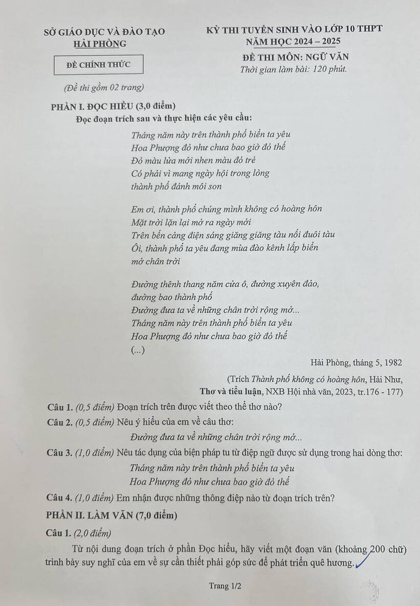 Đáp án gợi ý, đề thi môn Ngữ văn kỳ thi vào 10 tại Hải Phòng - 1