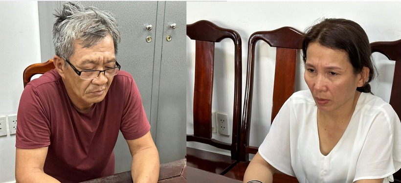 Nguyễn Đình Trung và Nguyễn Thị Hoa tại cơ quan công an. Ảnh: Thanh Niên