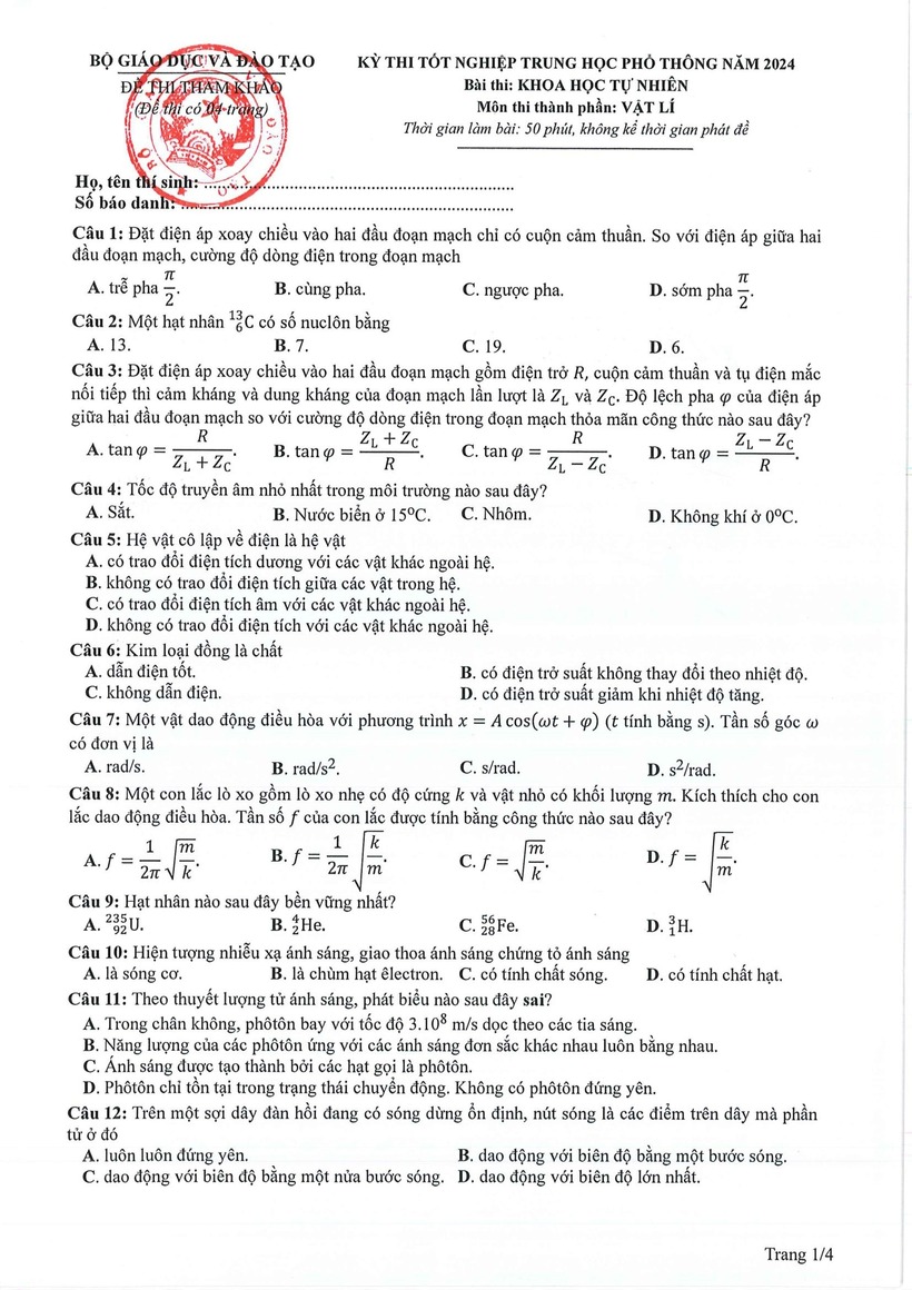Đáp án đề thi môn Vật lý mã đề 204 tốt nghiệp THPT 2024 chuẩn nhất, chính xác nhất - 2
