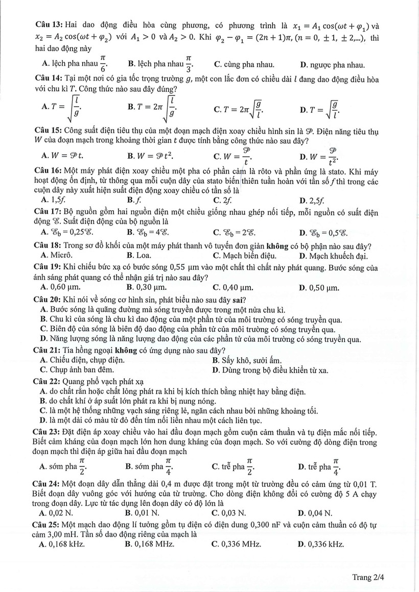 Đáp án đề thi môn Vật lý mã đề 204 tốt nghiệp THPT 2024 chuẩn nhất, chính xác nhất - 3