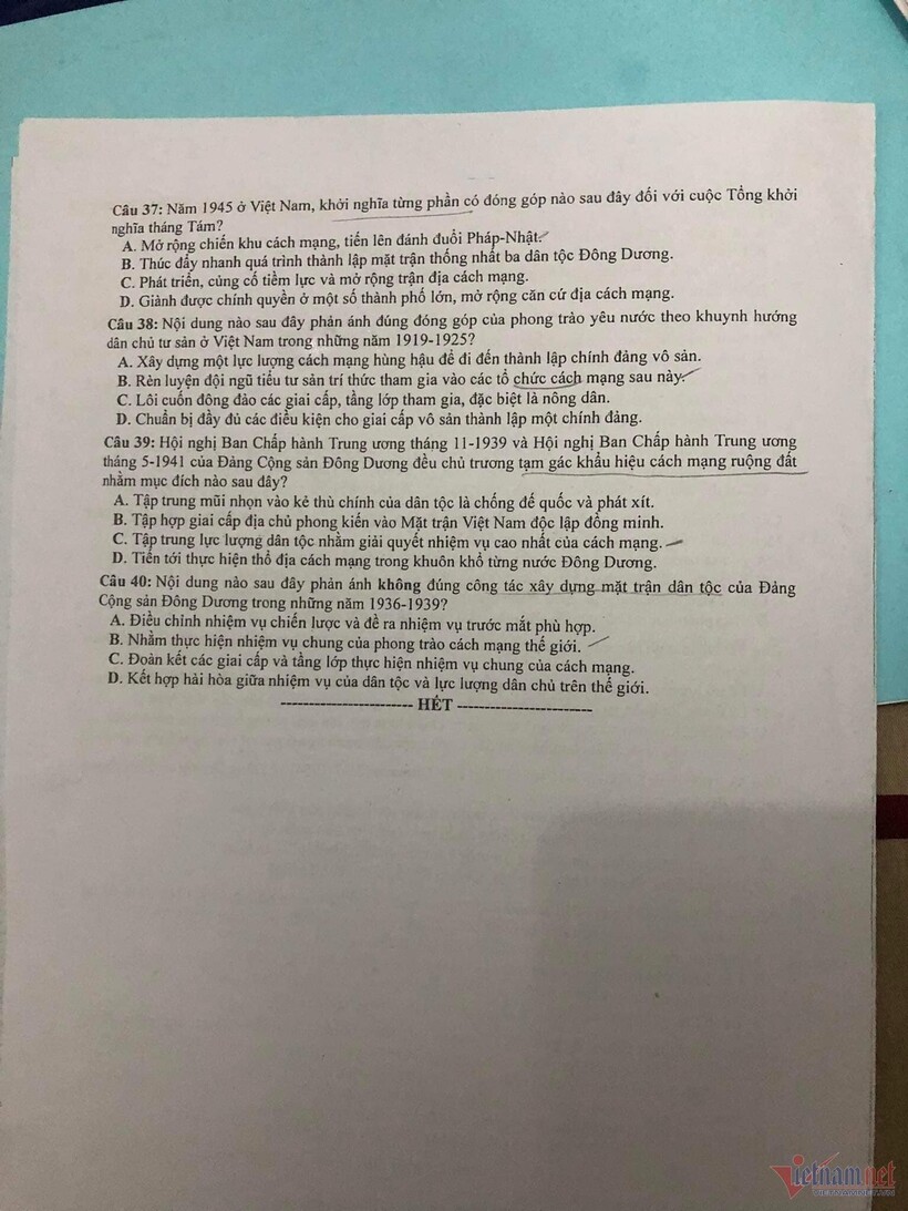 Đề thi môn Lịch sử tốt nghiệp THPT 2023 mã đề 310. Ảnh: VietNamNet