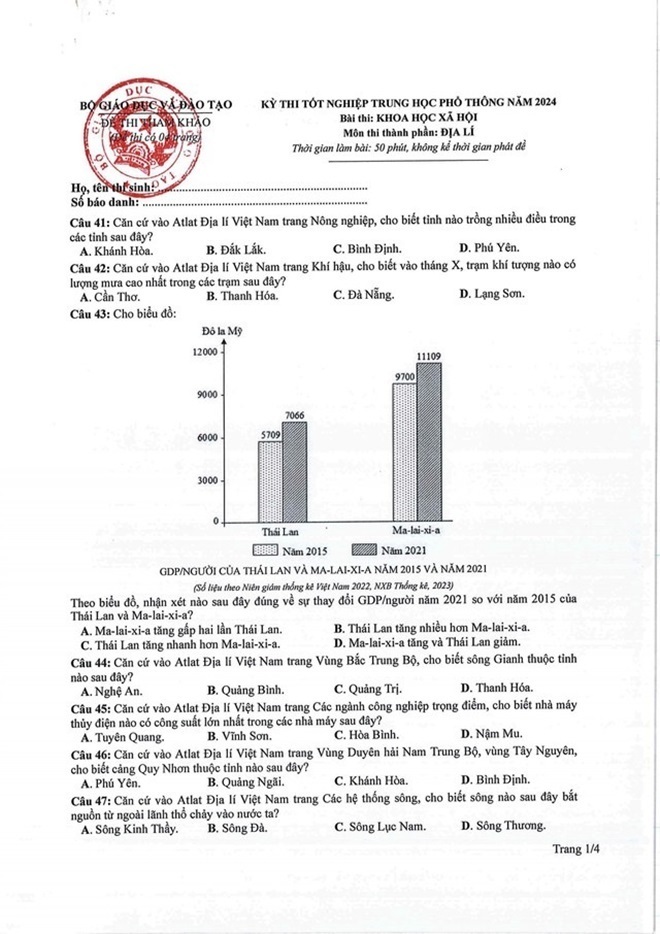 Đáp án đề thi môn Địa lý mã đề 307, 308, 309 tốt nghiệp THPT 2024 mới nhất chính xác nhất - 1