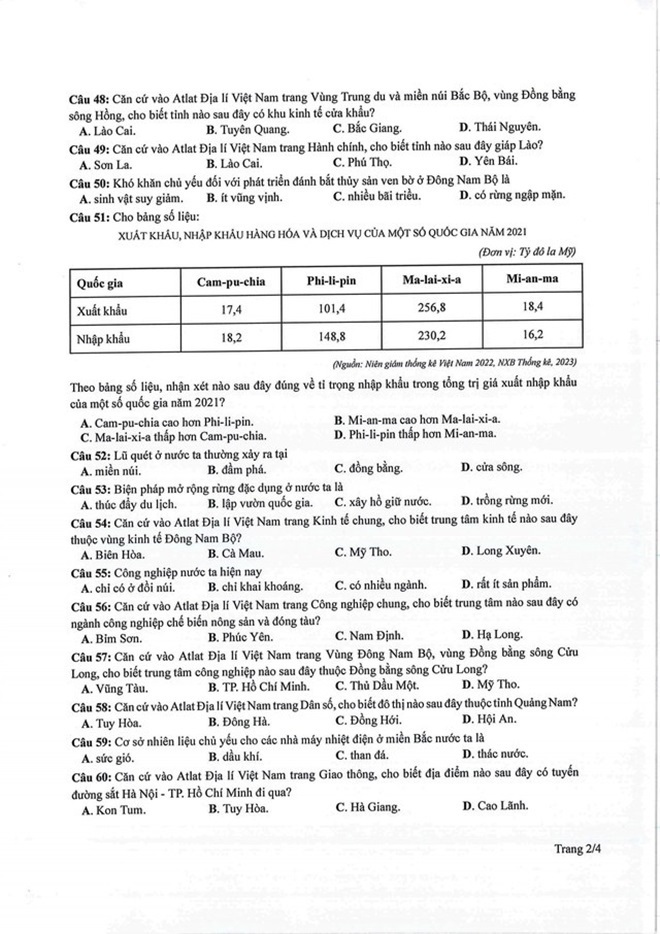 Đáp án đề thi môn Địa lý mã đề 307, 308, 309 tốt nghiệp THPT 2024 mới nhất chính xác nhất - 2