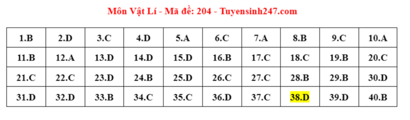 Đáp án đề thi môn Vật lý mã đề 204 tốt nghiệp THPT 2024 được cập nhật lúc 14h17 ngày 28/6.