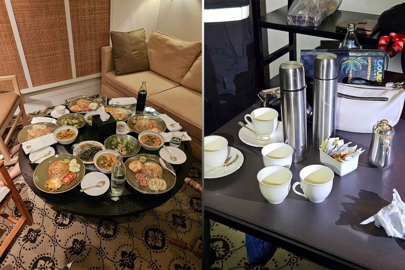 Sau khi khám xét căn phòng hiện trường, cảnh sát tìm thấy "chất lạ" ở đáy cốc trong phòng, ngoài ra còn có bàn đồ ăn còn nguyên. Ảnh: Bangkok Post