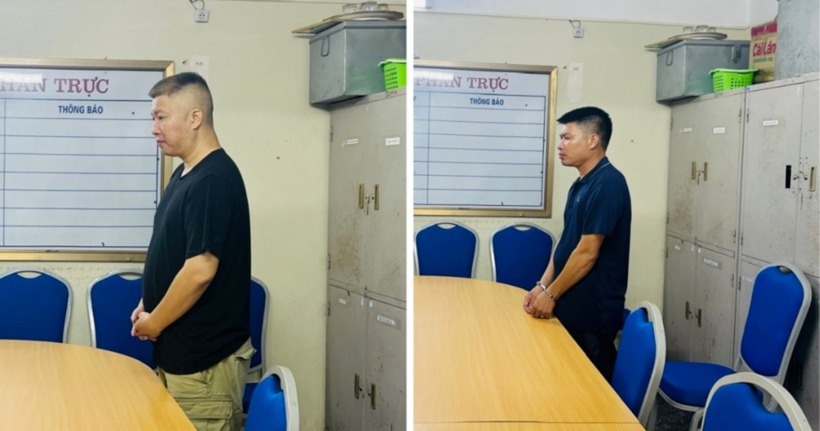 Hà Quốc Huy và Lê Thế Đặng tại cơ quan công an.