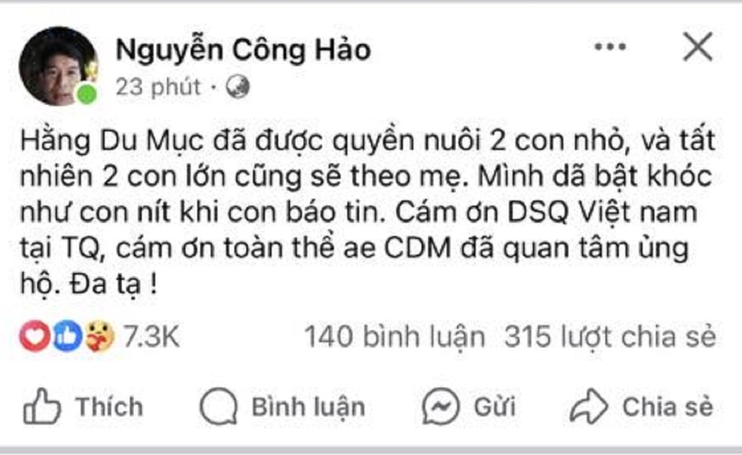 Bài đăng trên tài khoản của bố Hằng Du Mục