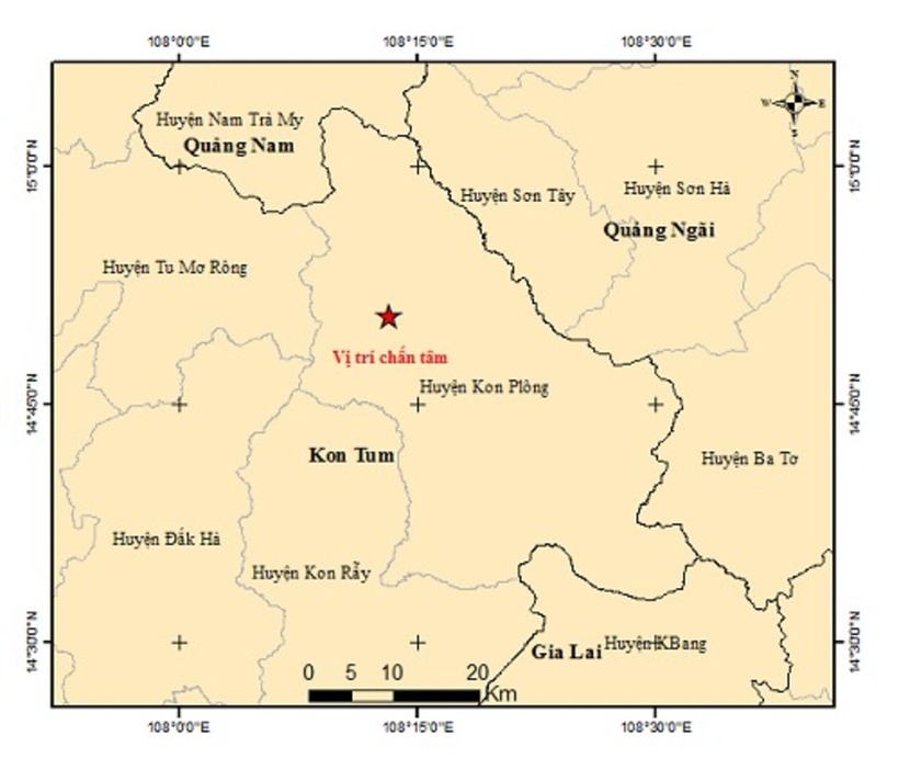 Tâm chấn trận động đất mạnh 4.4 độ chiều nay ở Kon Tum. Ảnh: Tiền Phong