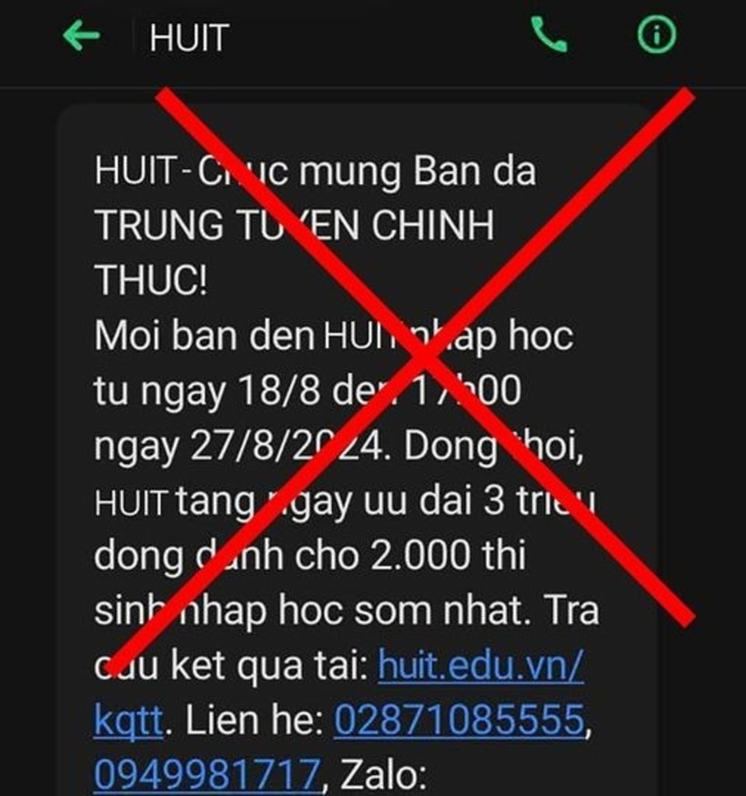 Tin nhắn kẻ gian gửi đến cho thí sinh trúng tuyển vào Trường Đại học Công Thương TP.HCM. Ảnh: Pháp luật Việt Nam