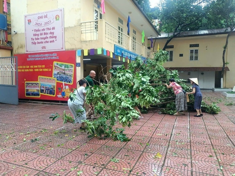 Người dân hỗ trợ Trường THCS Phúc Xá (Hà Nội) dọn dẹp cây đổ để kịp đón học sinh trở lại trường. Ảnh: Dân trí