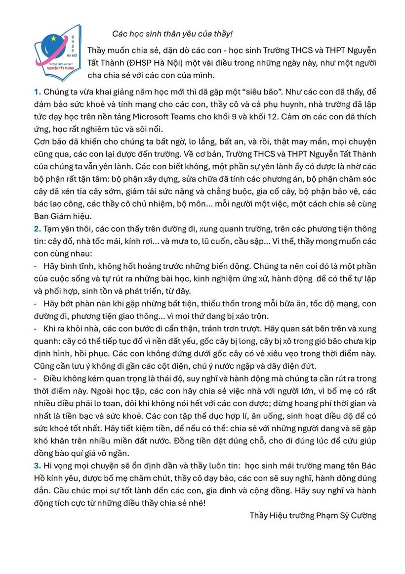 Nguyên văn lá thư của Hiệu trưởng THCS & THPT Nguyễn Tất Thành. (Ảnh: Pháp luật Việt Nam)