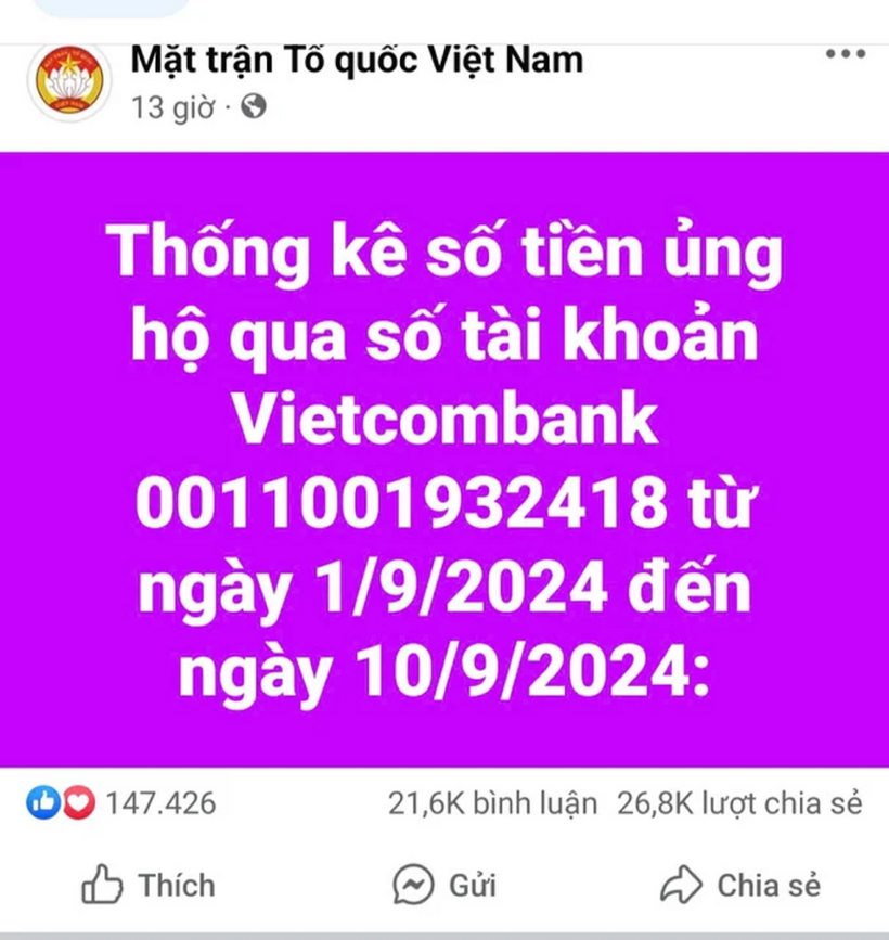 Fanpage của MTTQ Việt Nam công khai sao kê tài khoản ủng hộ