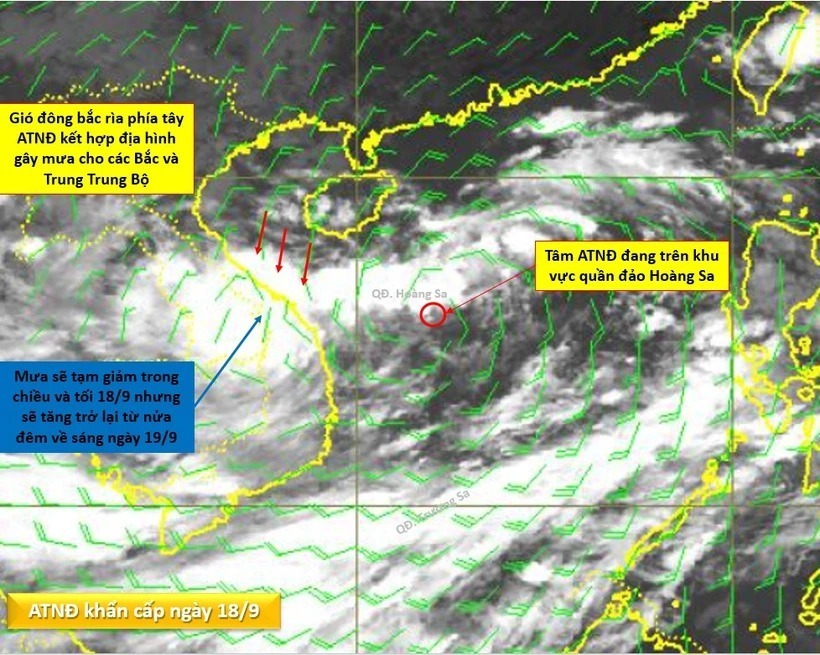 Vị trí của áp thấp nhiệt đới chiều 18/9. Ảnh: NCHMF