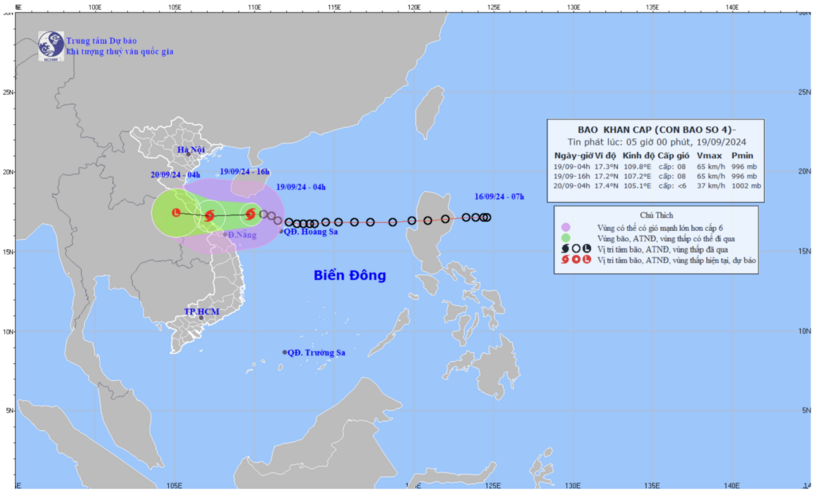 Dự báo hướng di chuyển của bão số 4. Ảnh: Trung tâm Khí tượng thủy văn Quốc gia