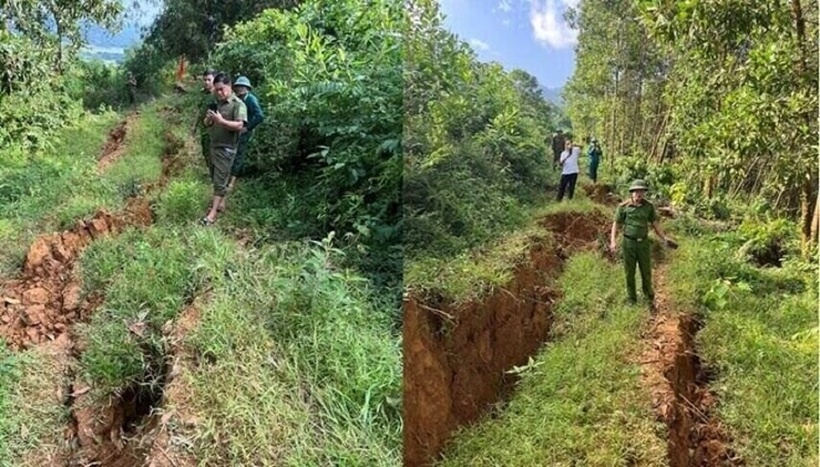 Vết nứt, sụt lún do thiên tai khiến hàng trăm người dân ở Hòa Bình phải di dời khẩn cấp. Ảnh: UBND huyện Lạc Sơn.