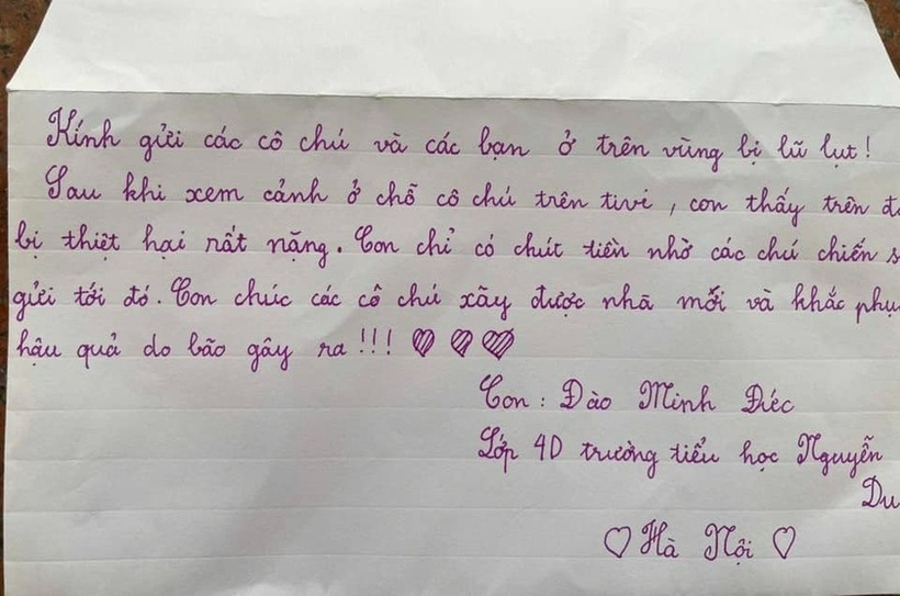 Bức thư viết ngoài phong bì của em Đào Minh Đức. Nguồn ảnh: Dân trí