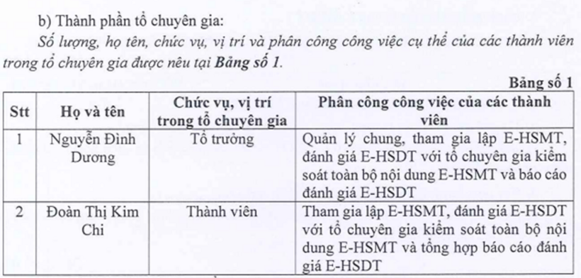 Thành phần tổ chuyên gia.