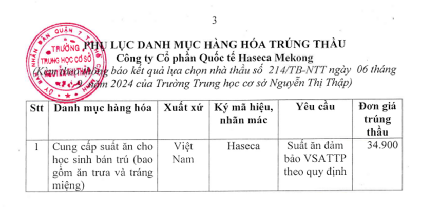 Haseca Mekong cung cấp suất ăn trưa và tráng miệng với đơn giá 34.900 đồng/suất.