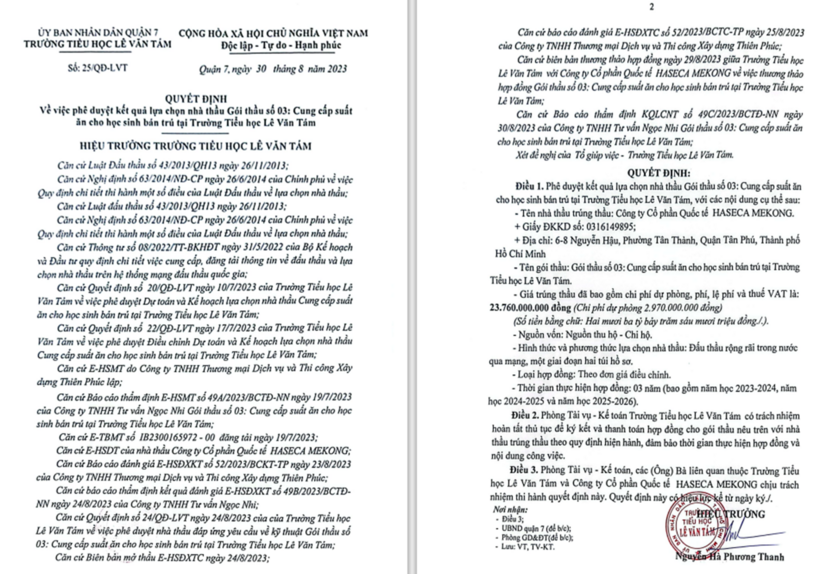 Quyết định Haseca Mekong trúng thầu cung cấp suất ăn tại Trường Tiểu học Lê Văn Tám trị giá hơn 23,7 tỷ đồng, tỉ lệ tiết kiệm bằng 0.